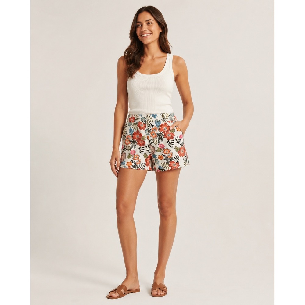 LOFT The Riviera Short Womens 10 White Whimsical Floral Print Cotton Viscose